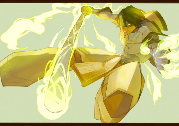 Anime character with yellow lightning and weapon
