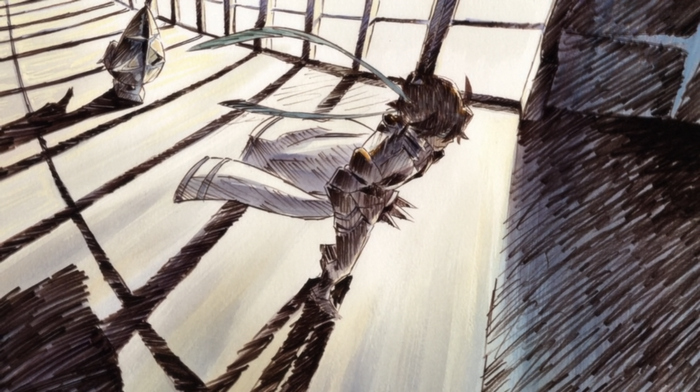 Character in armor hanging from bars