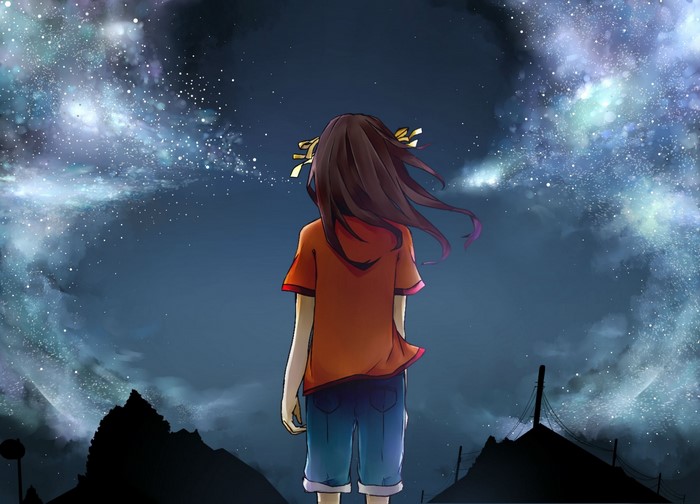 Haruhi Suzumiya looking at a starry sky
