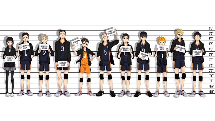 Haikyuu characters lined up for a height chart