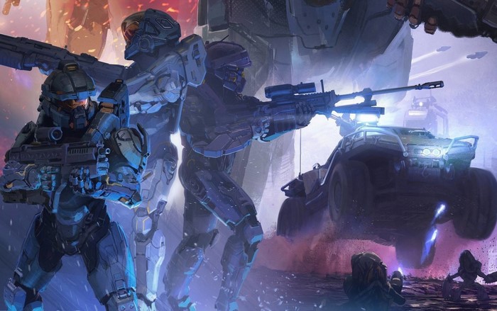 Halo soldiers with a Warthog vehicle
