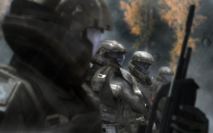 Soldiers in Halo armor standing in formation