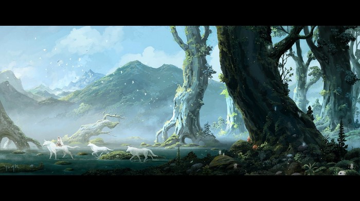 Girl riding a white wolf through a mystical forest