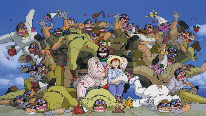 Porco Rosso characters celebrating with flowers