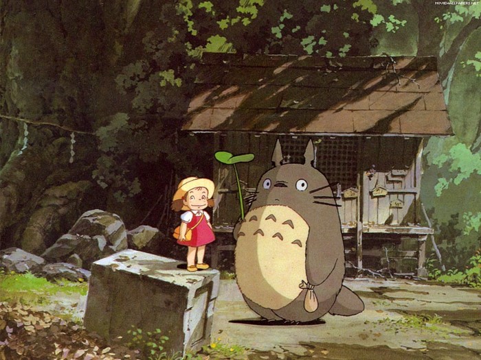 Satsuki and Totoro from My Neighbor Totoro in a forest