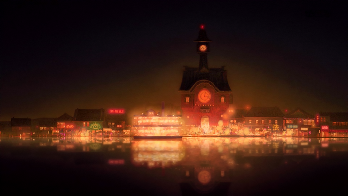 Spirited Away anime night scene with clock tower and river