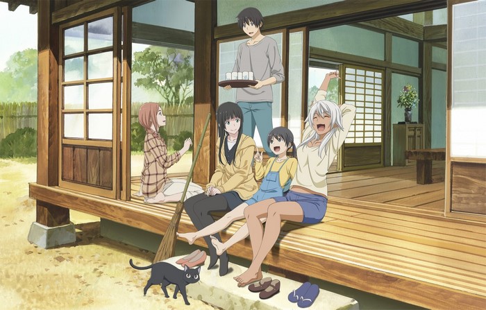 Flying Witch characters on a porch with a cat