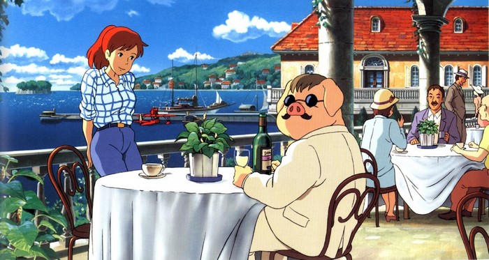 Porco Rosso at a seaside cafe