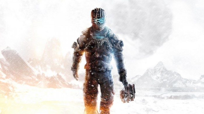 Isaac Clarke from Dead Space in a snowy landscape