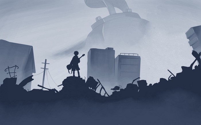 Silhouette of a person with a guitar in a destroyed city