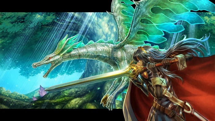 Lucina from Fire Emblem fighting a dragon in a forest