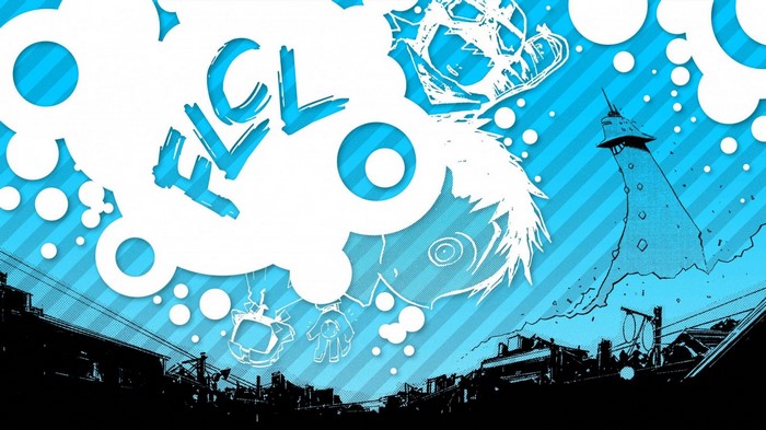 FLCL illustration with abstract elements and cityscape