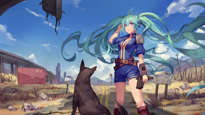 Hatsune Miku from Fallout with a dog