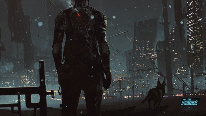 Fallout Aftermath: A lone figure and dog overlook a city