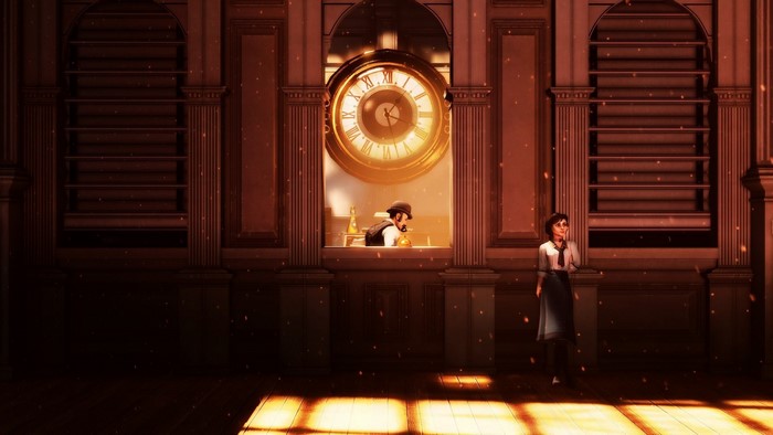 Elizabeth from BioShock Infinite in a grand hall with a clock