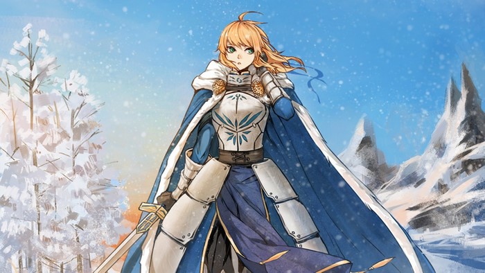 Saber from Fate Series in a Snowy Landscape
