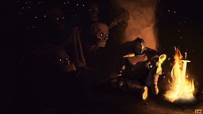 Knight resting by campfire with skeletons in Dark Souls