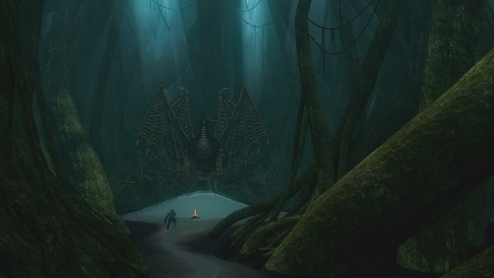 Dark Souls screenshot of a swampy forest with a dragon skeleton