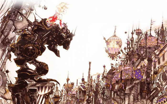 Character riding a mechanical beast over a fantastical city