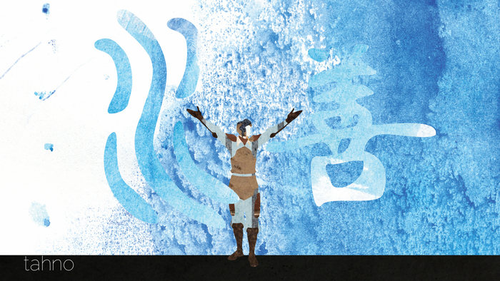 Illustration of a person with arms raised in front of blue watercolor.