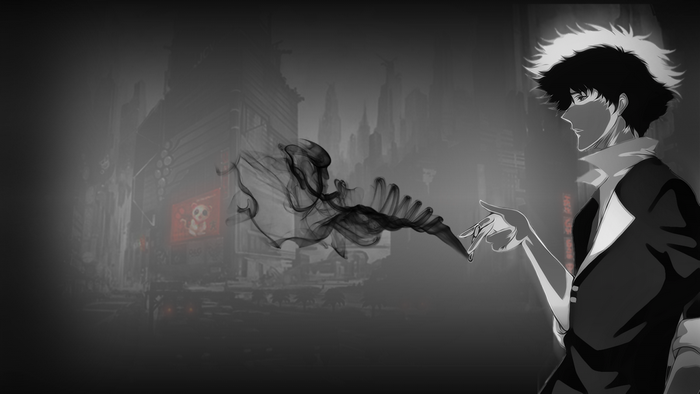 Spike Spiegel from Cowboy Bebop with smoke in a city