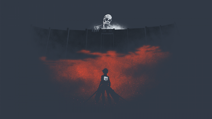 Eren Yeager from Attack on Titan facing a Colossal Titan