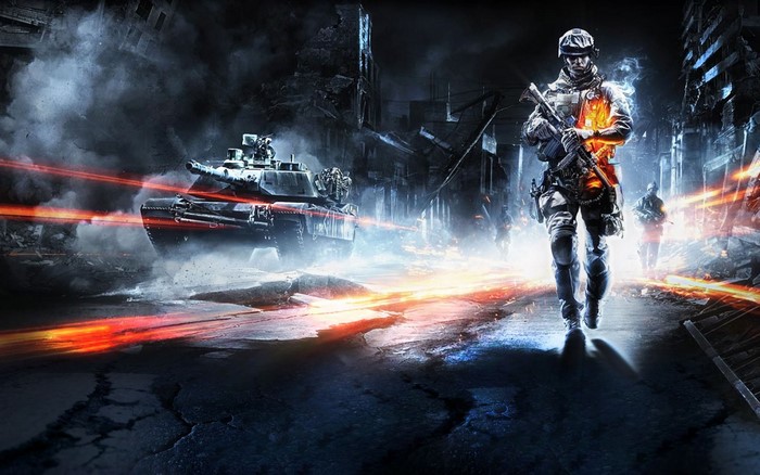 Battlefield 3 soldier and tank in destroyed city