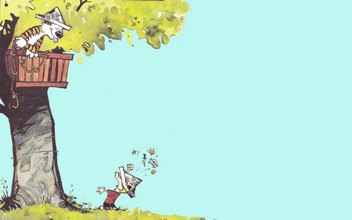 Calvin and Hobbes in a treehouse