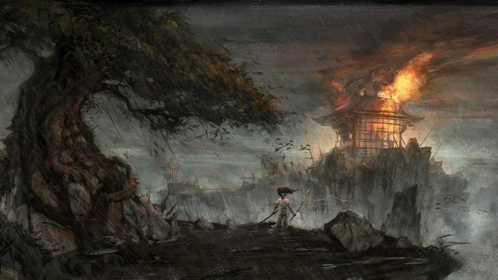 Afro Samurai in a burning village during a storm