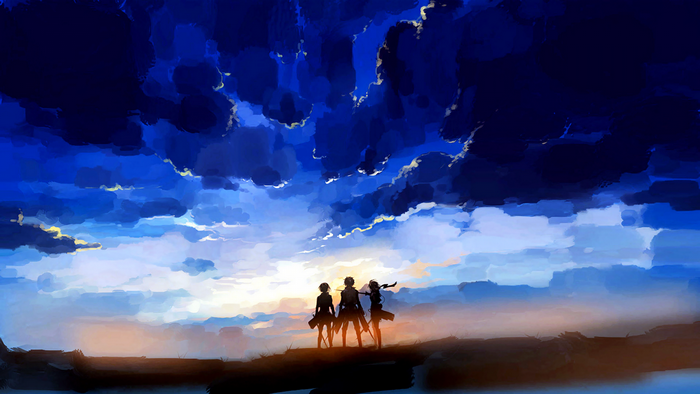 Three figures from Shingeki no Kyojin at sunset