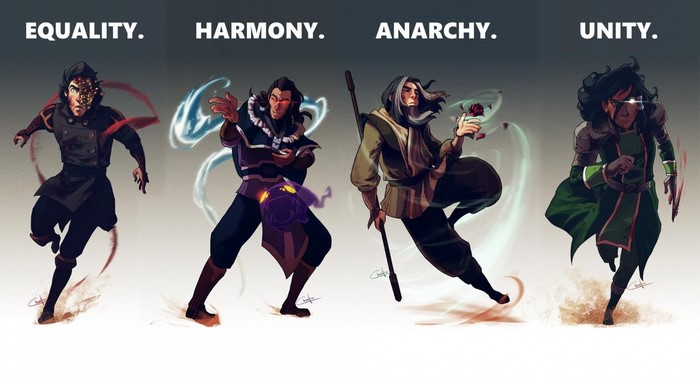 Characters from The Legend of Korra representing Equality, Harmony, Anarchy, and Unity