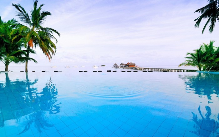 Infinity pool overlooking tropical ocean with overwater bungalows