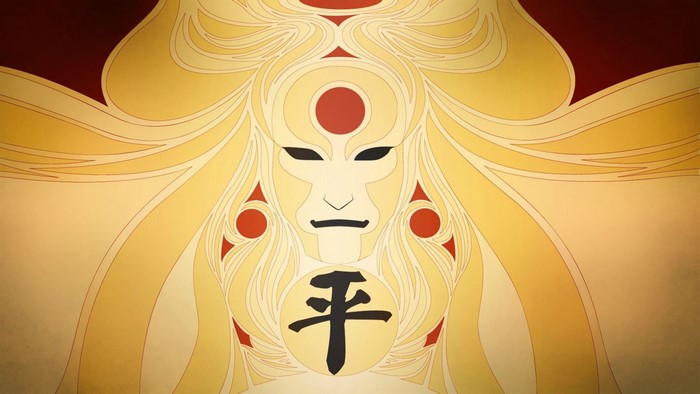 Illustration of a stylized face with a kanji symbol