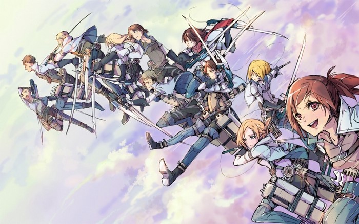 Attack on Titan characters flying with ODM gear