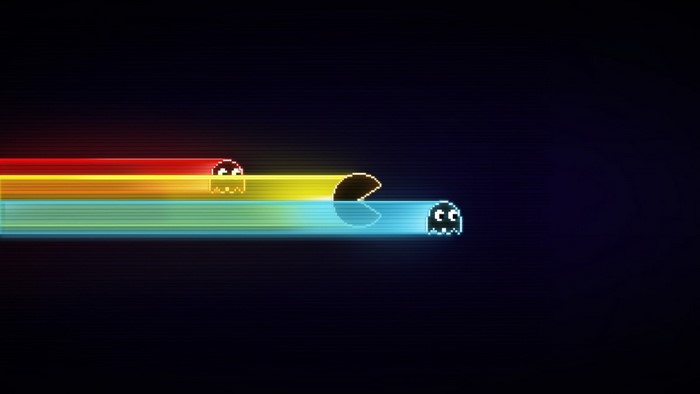 Pac-Man ghosts and Pac-Man with colored light trails