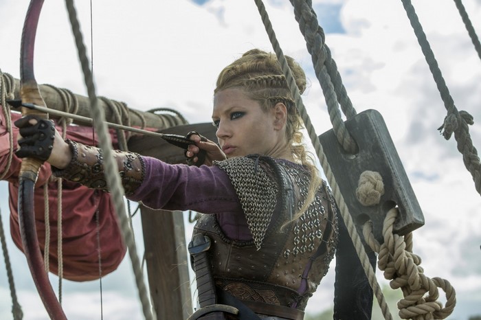 Lagertha from Vikings TV series aiming a bow