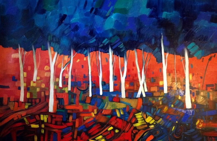 Abstract landscape painting with trees and vibrant colors