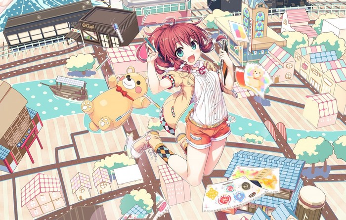 Anime girl with teddy bear in a miniature town