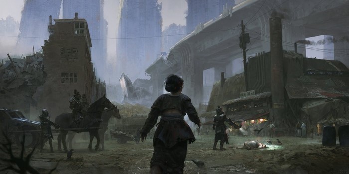 Apocalyptic scene with soldiers and a child