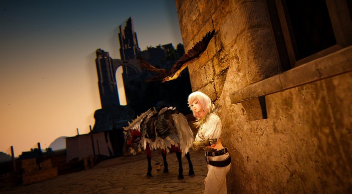 Girl and horse with eagle near ancient ruins