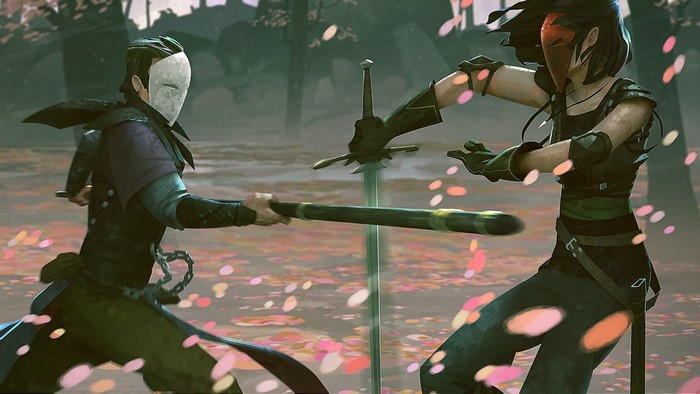 Two masked warriors fighting in a forest