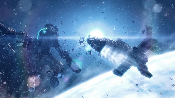Isaac Clarke in Dead Space 2 fighting a spaceship