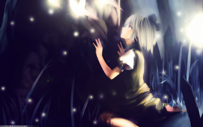 Konpaku Youmu from Touhou in a dark forest with fireflies