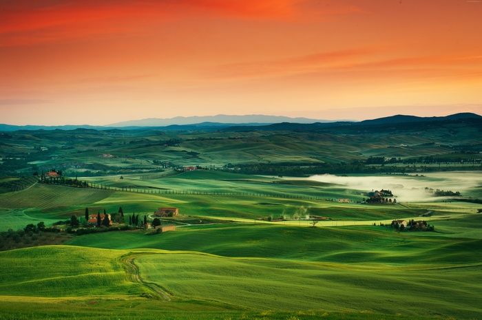 Italy, Tuscany, landscape, 8k, sunset, village, 4k, grass, field, sky, 5k