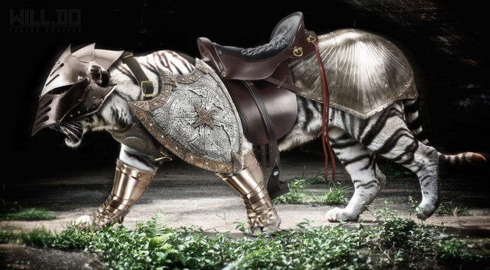 White tiger in medieval armor with a saddle