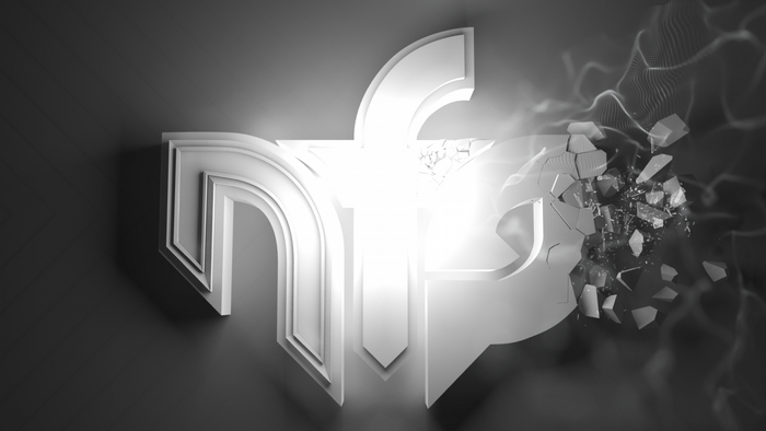 Fractured white logo with abstract background