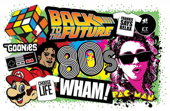 80s Pop Culture Collage: Back to the Future, Goonies, Mario, Madonna, Pac-Man
