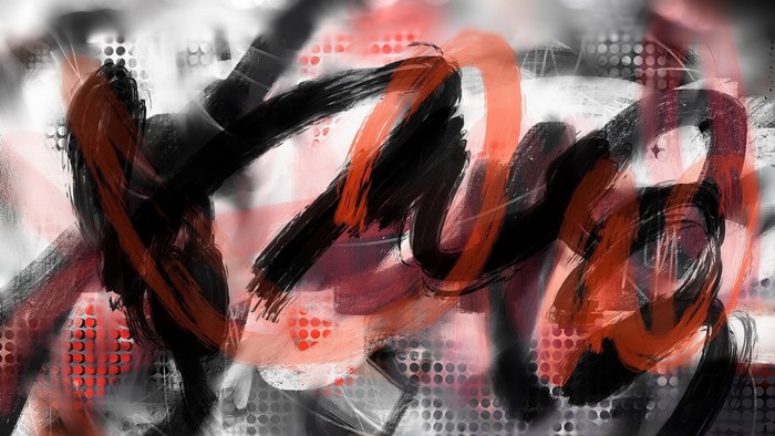 Abstract painting with red and black brushstrokes and dots
