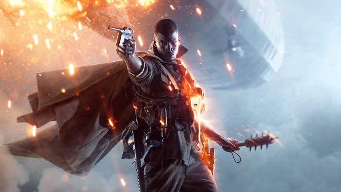 Soldier from Battlefield 1 holding a pistol and mace