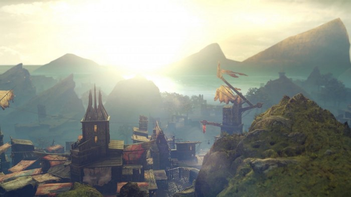 Video game screenshot of a village at sunrise